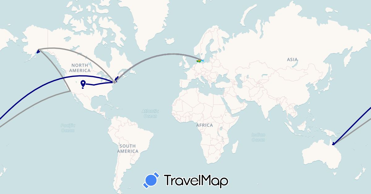 TravelMap itinerary: driving, bus, plane, train, boat, hitchhiking in Australia, Germany, Denmark, United States (Europe, North America, Oceania)